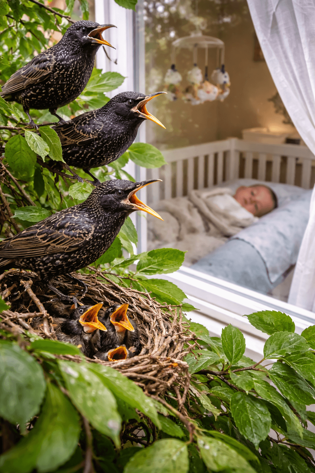 birds make noise by window