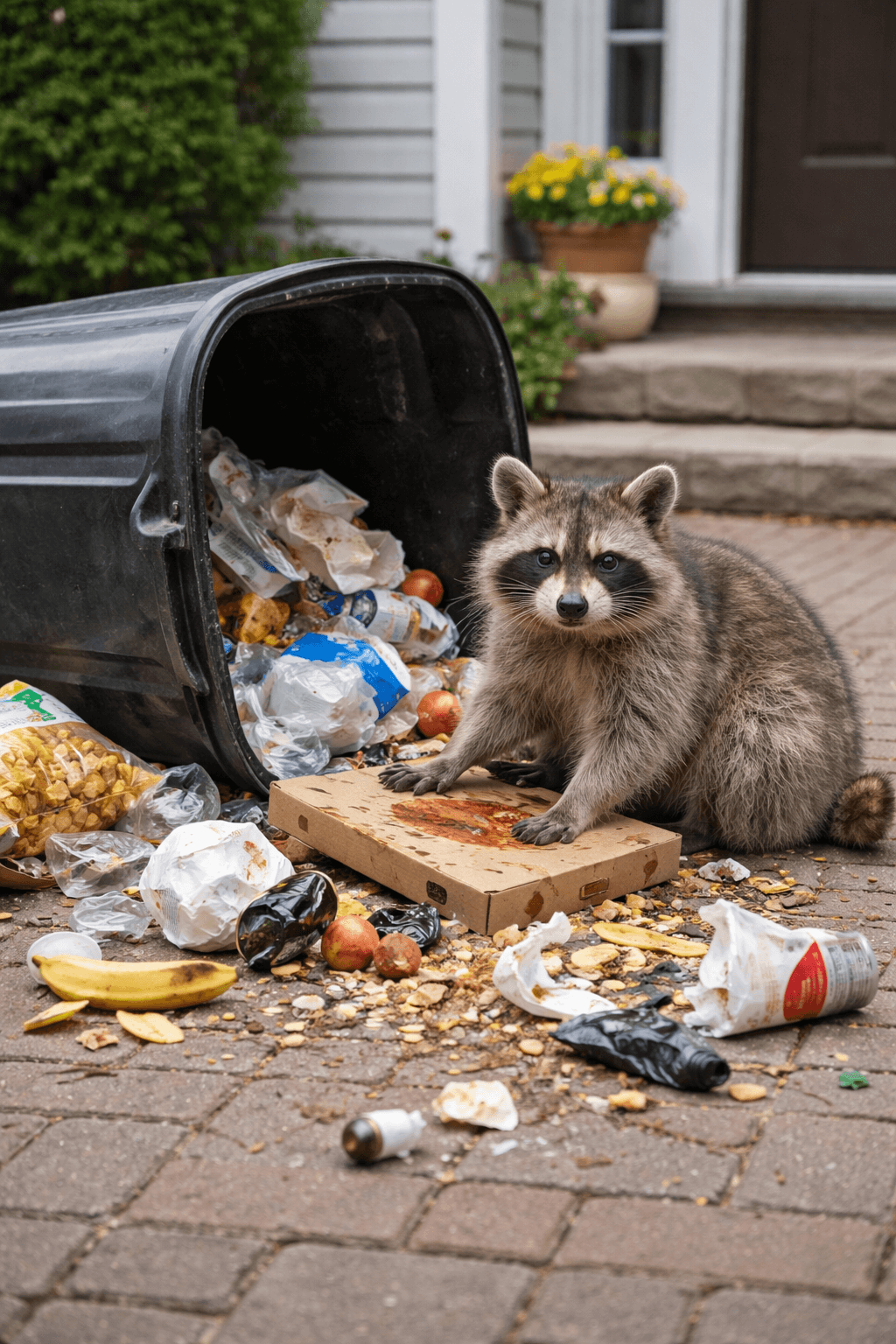 raccoon digging through trash